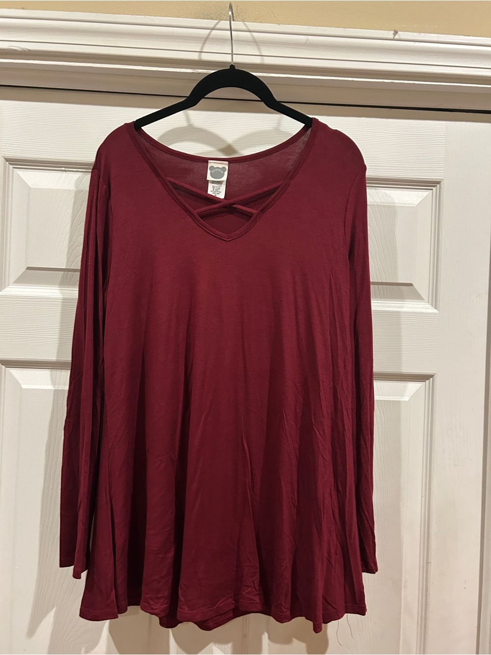 Crisscross V-Neck Long Sleeve Tunic Top - Wine